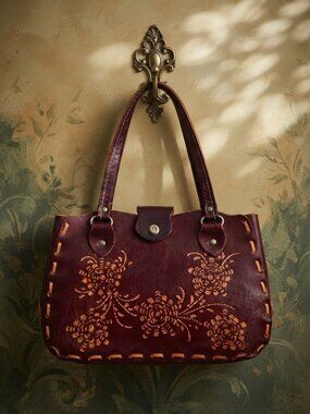 Wabags Vintage Tooled Leather Floral Tote Purse Burgundy Maroon